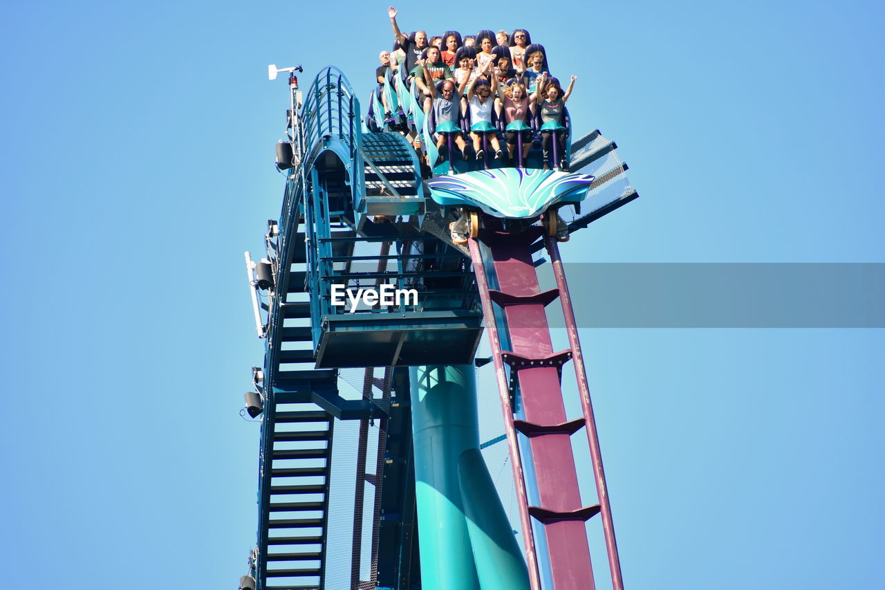 LOW ANGLE VIEW OF ROLLERCOASTER AGAINST CLEAR SKY