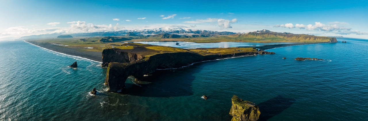 Aerial view of the iceland coastline by the black beach.