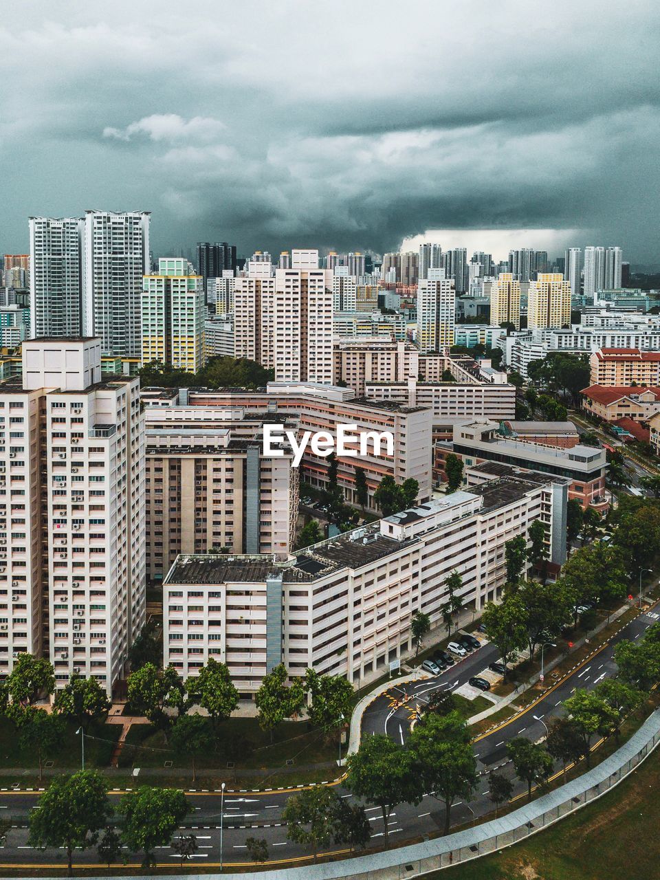 High angle view of buildings in city against sky