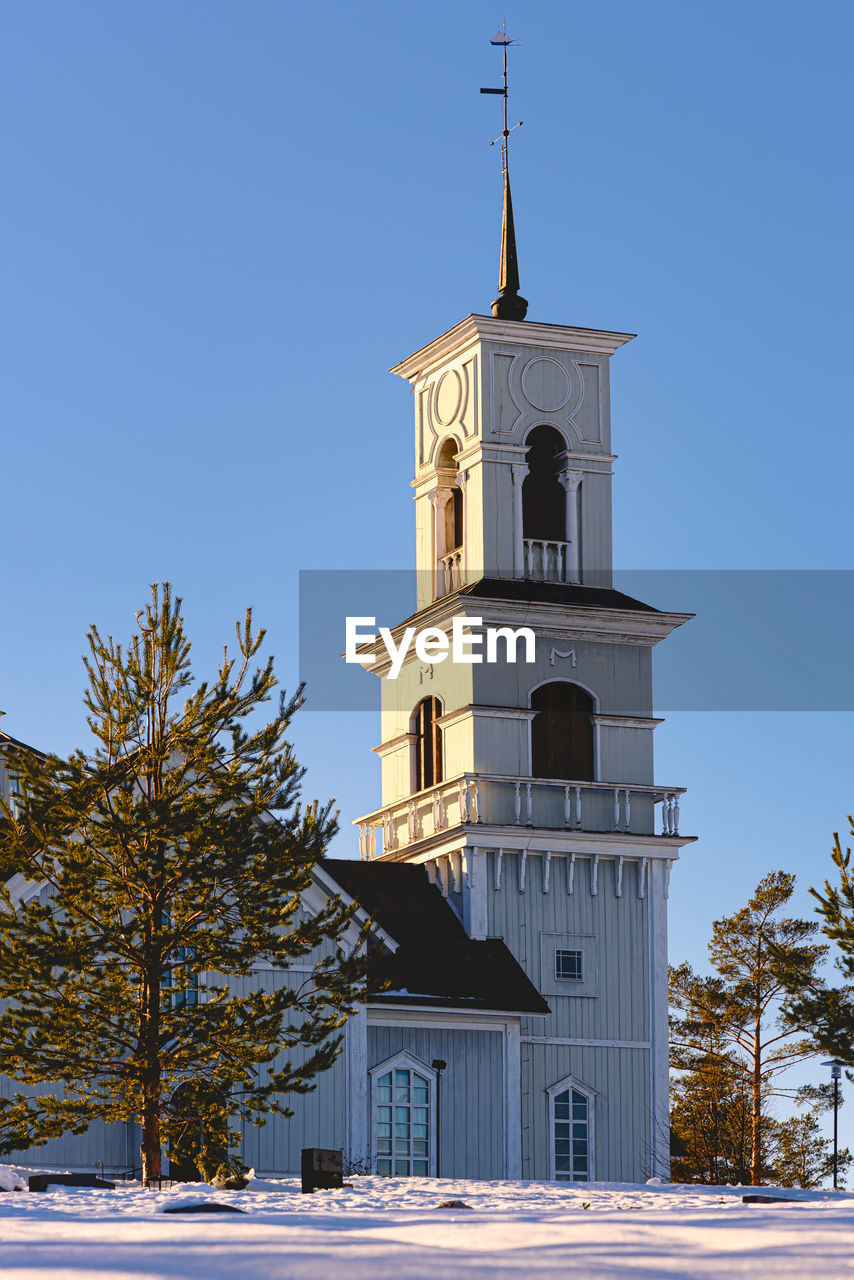 Belfry of protestant church in winter