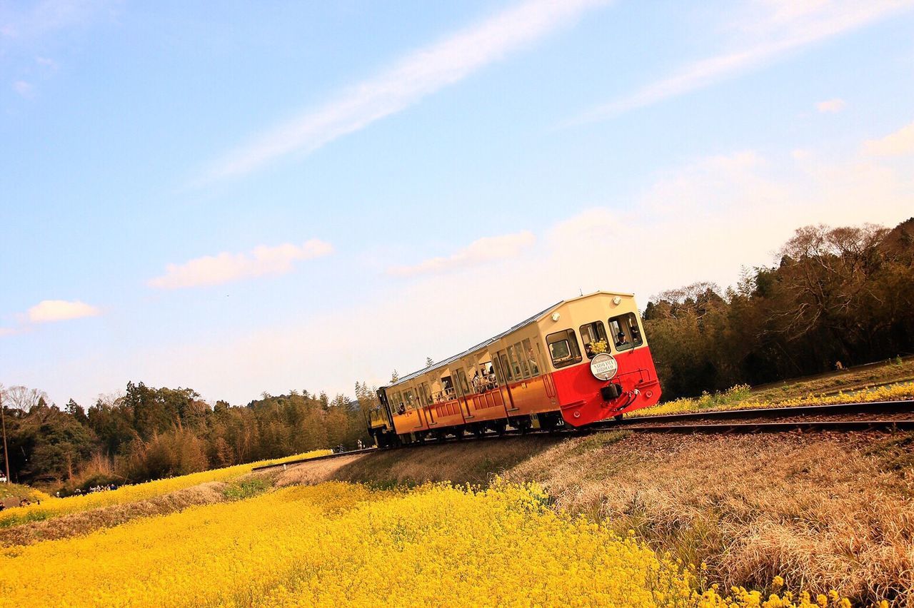 Train on railroad track against sky