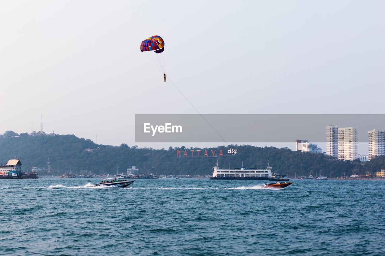 People on sea against clear sky