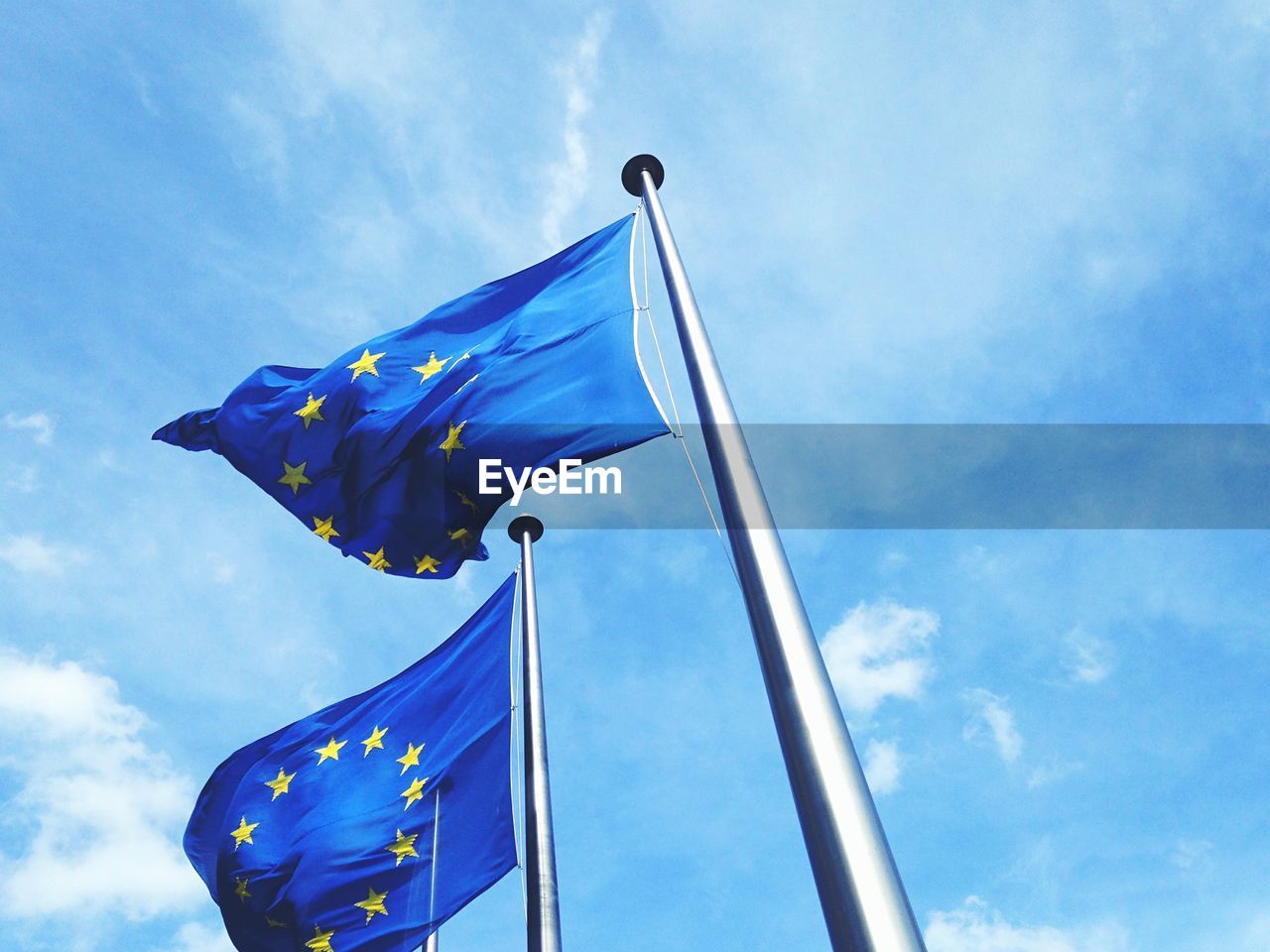 Low angle view of european union flags