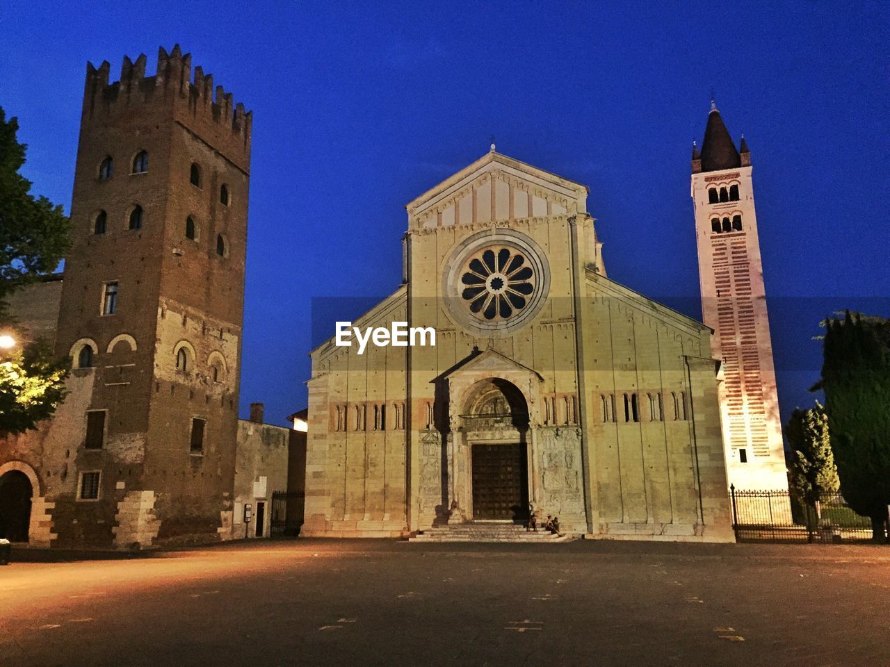Basilica of san zeno against clear blue sky at night