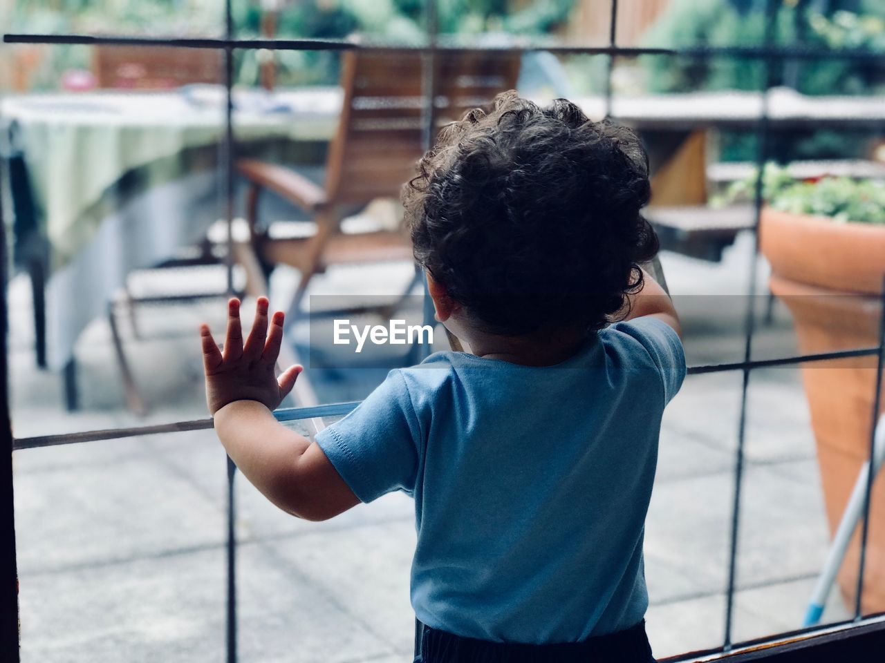 Rear view of boy standing by glass window