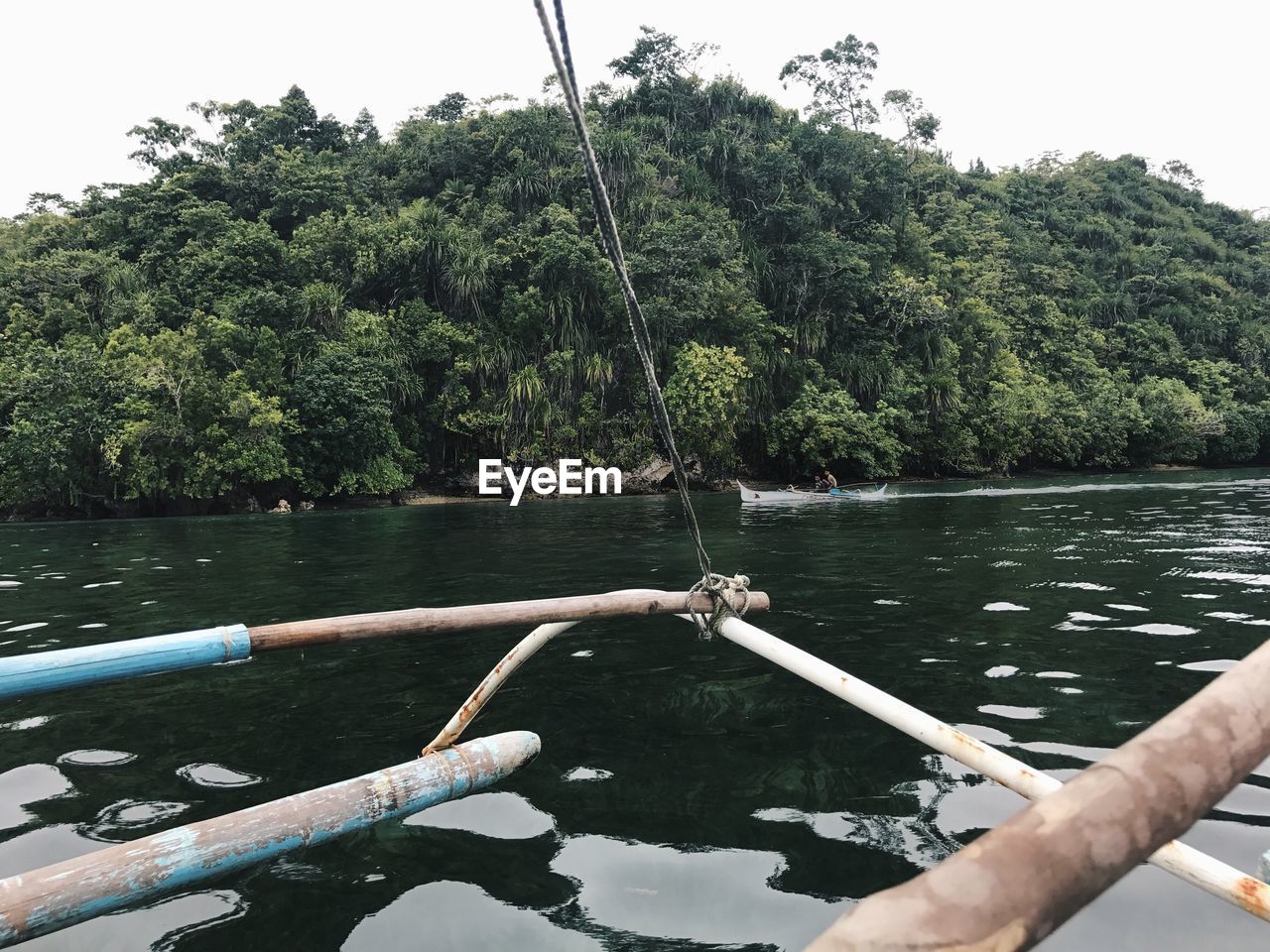 BOAT SAILING ON RIVER AGAINST TREES