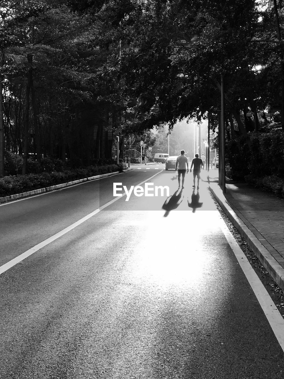 Rear view of people walking on road in city