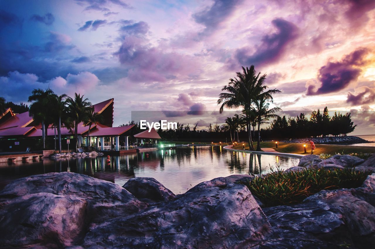 PALM TREES ON SHORE AGAINST SKY DURING SUNSET