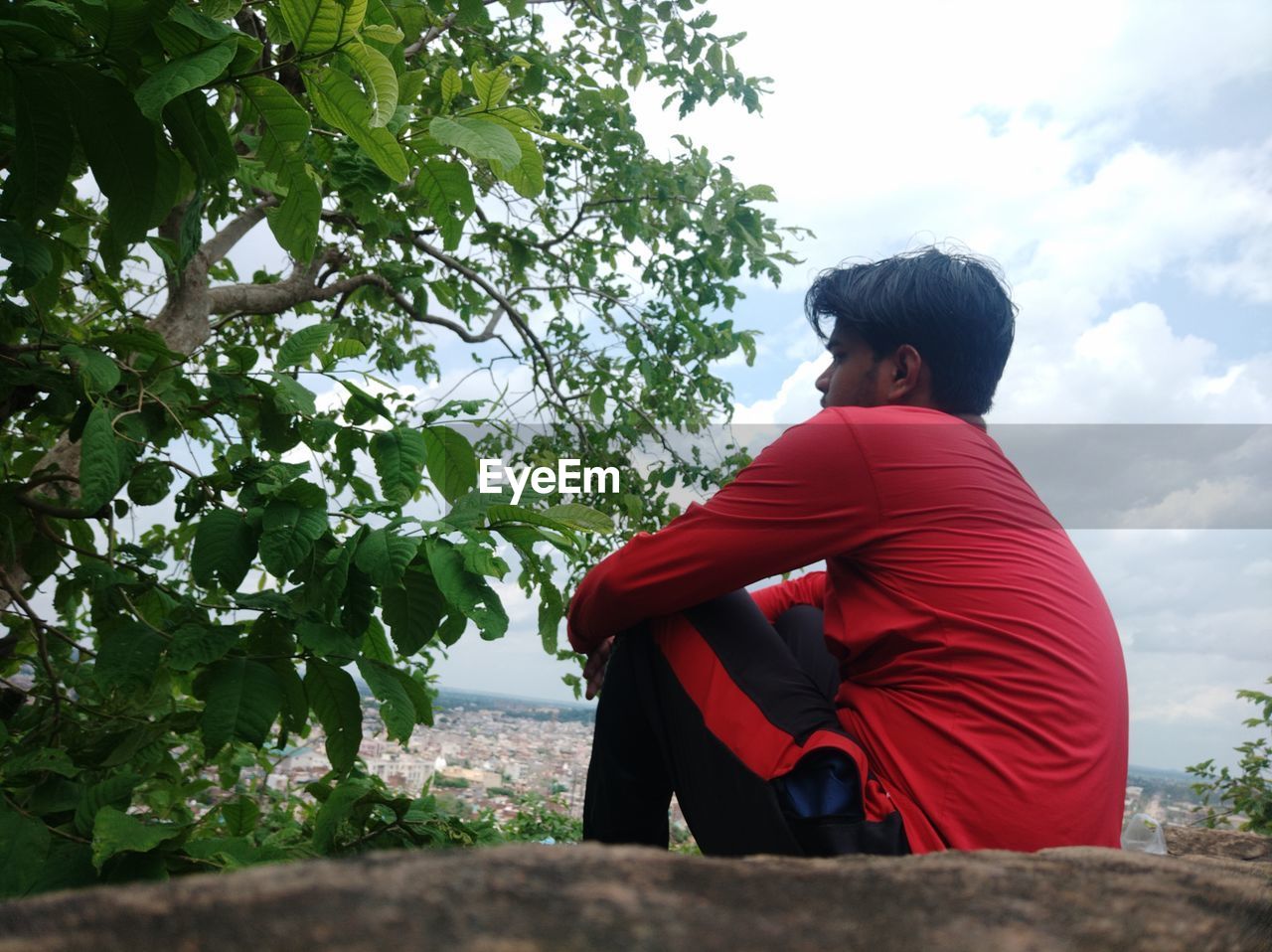 SIDE VIEW OF MAN SITTING ON PLANT AGAINST TREES