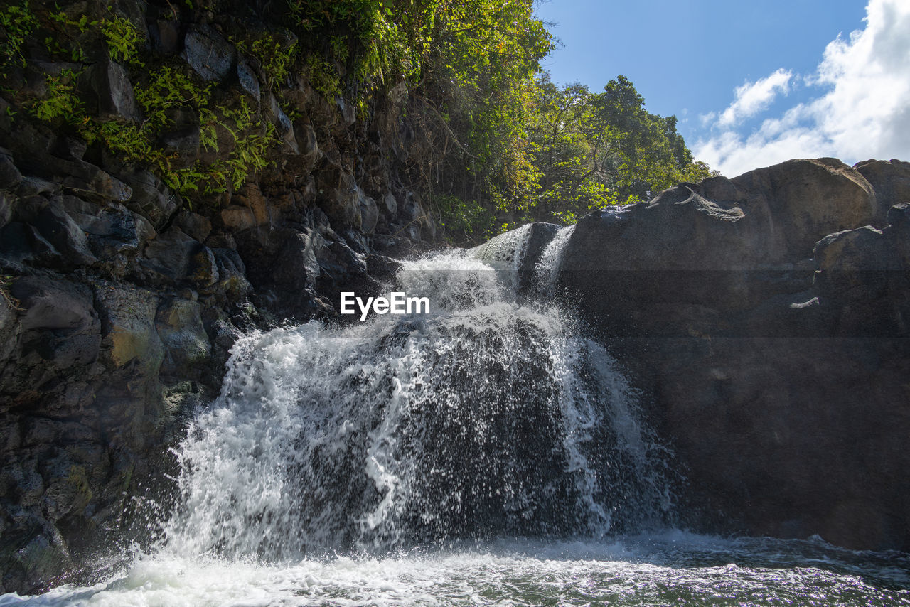 waterfall, water, body of water, beauty in nature, scenics - nature, motion, rock, water feature, nature, environment, land, splashing, sea, no people, tree, rapid, plant, landscape, outdoors, sports, forest, rock formation, power in nature, travel destinations, cliff, sky, water sports, flowing water, travel, long exposure, cloud, watercourse, non-urban scene, day, mountain, flowing, tourism, blurred motion, water resources