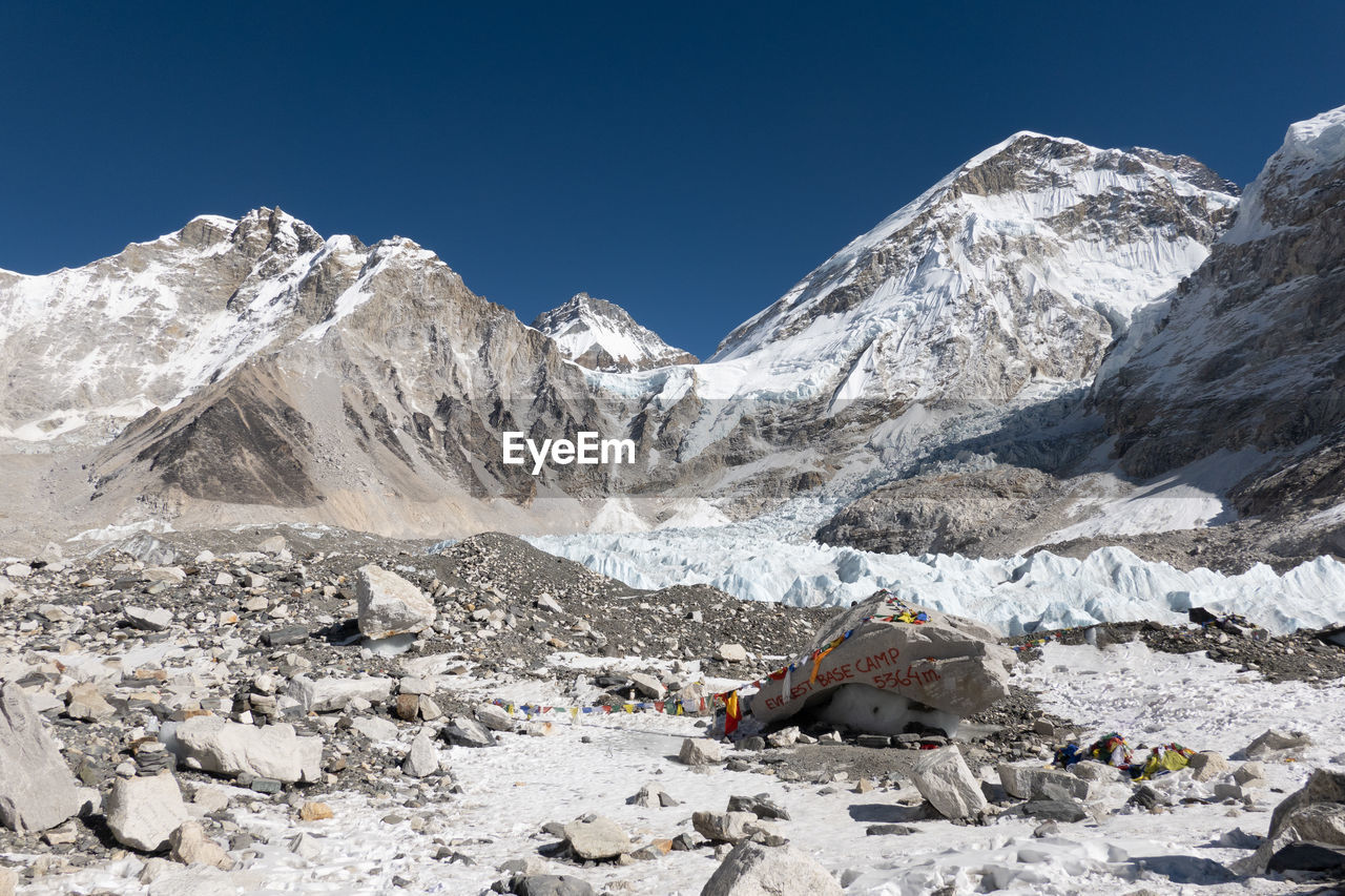 Scenic view of snowcapped mountains against clear sky