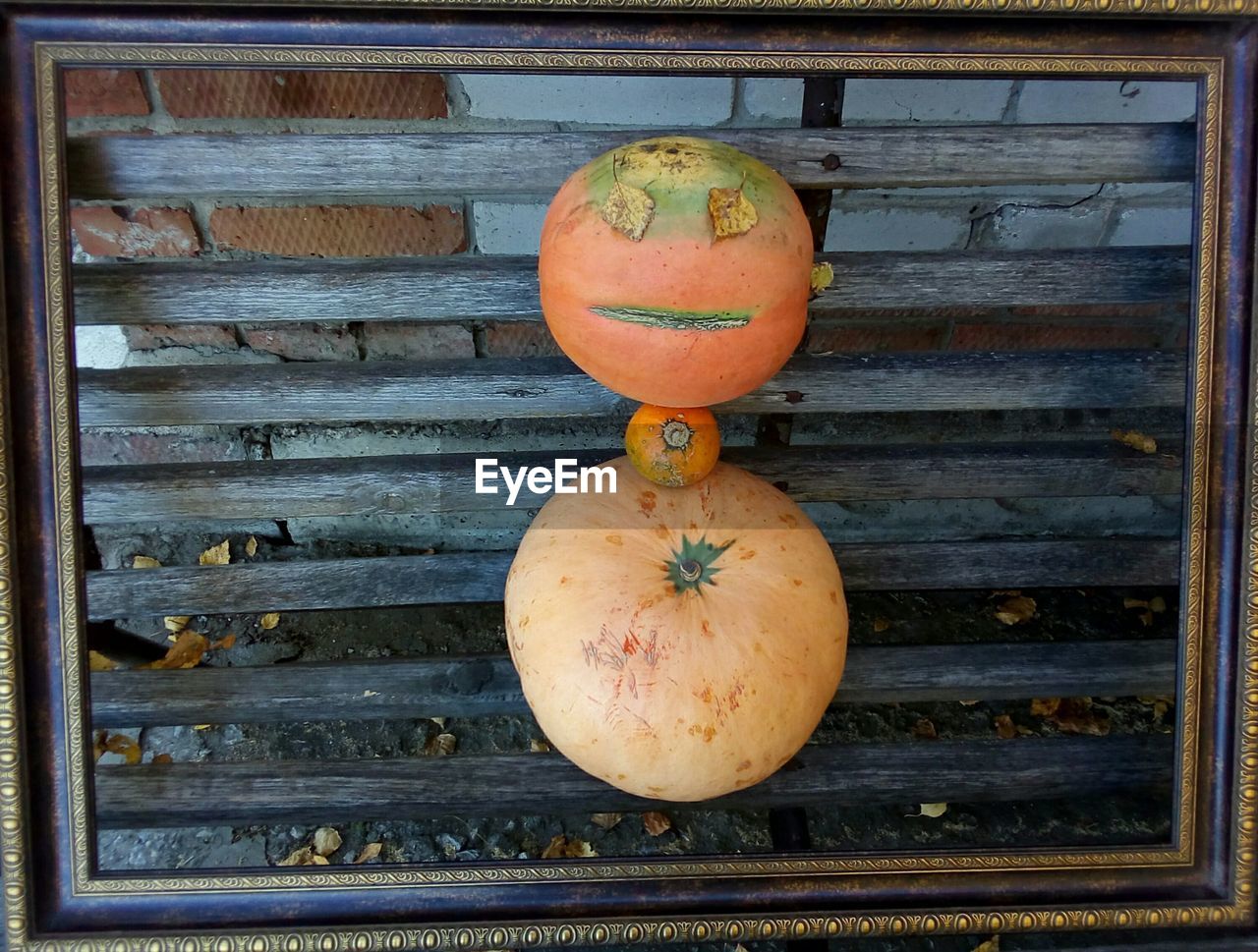 CLOSE-UP OF PUMPKIN AGAINST WOODEN WALL