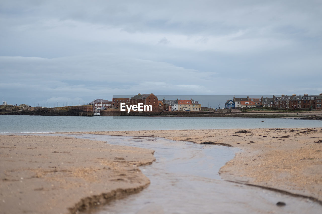 Scenic view of sea by city against sky