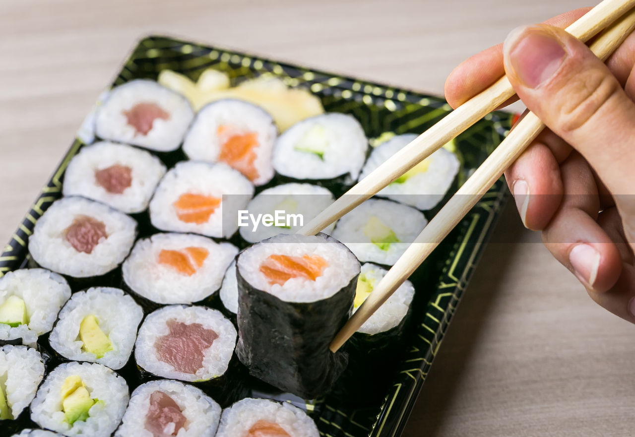 High angle view of sushi in tray