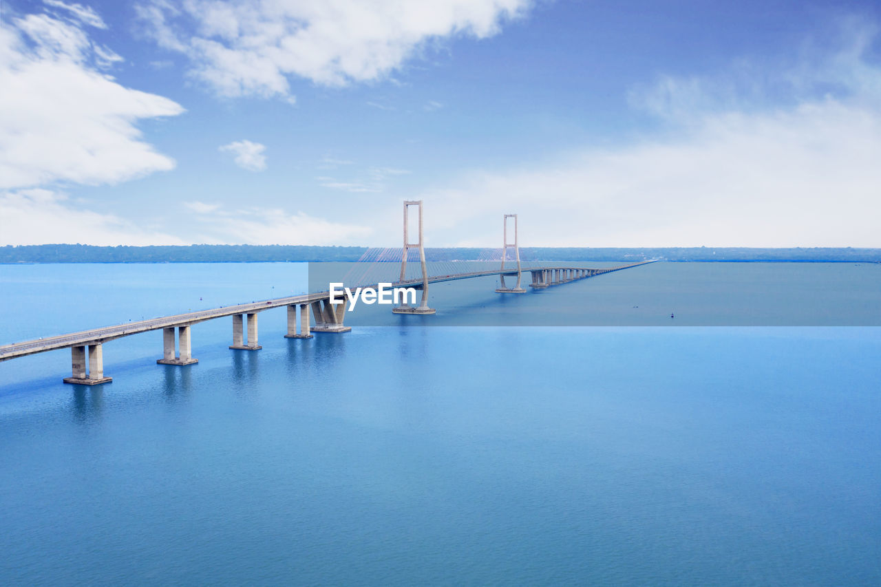 Aerial view of bridge over sea against blue sky
