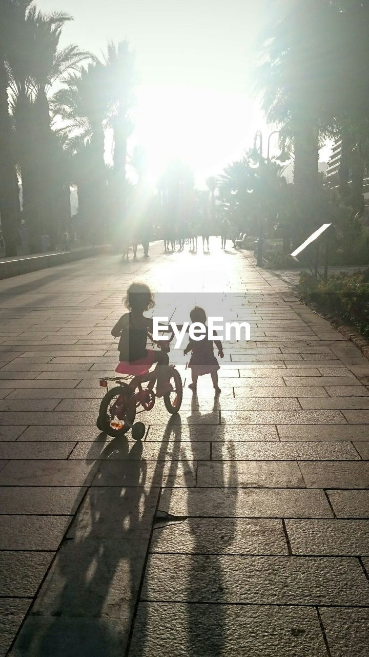 Rear view of two children with bicycle outdoors