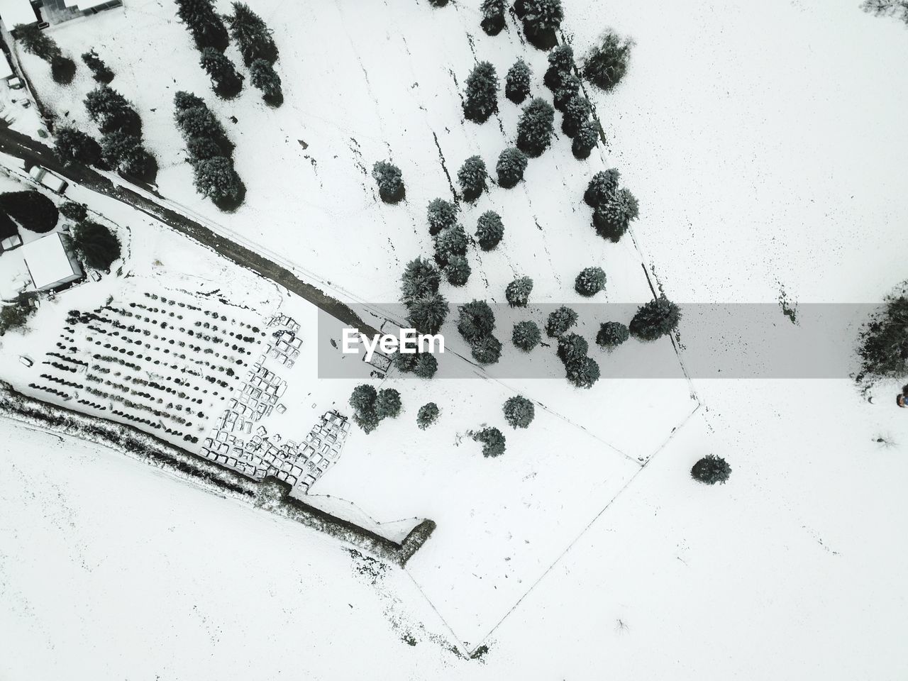 Aerial view of snow covered landscape during winter