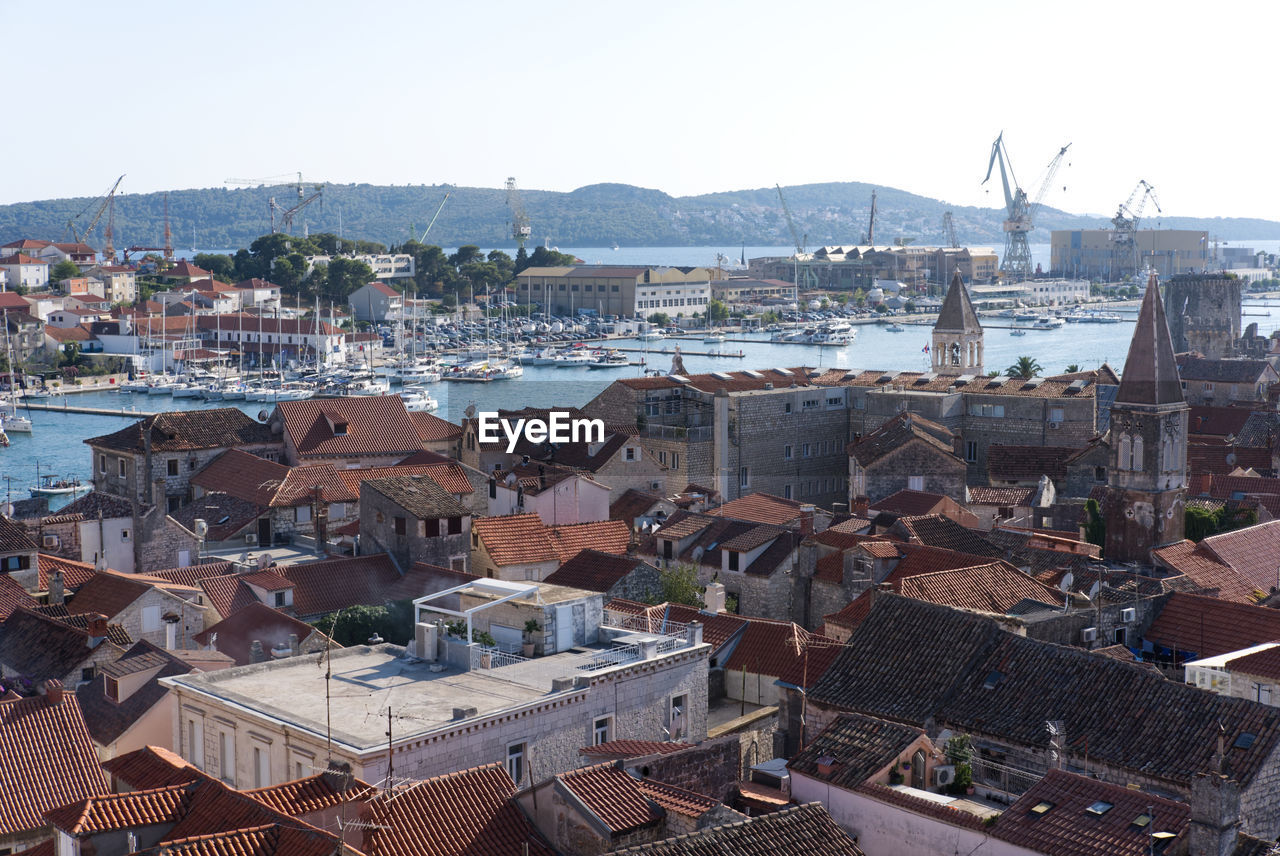Aerial view of trogir old town, unesco heritage site, shot from the bell tower of leonard cathedral
