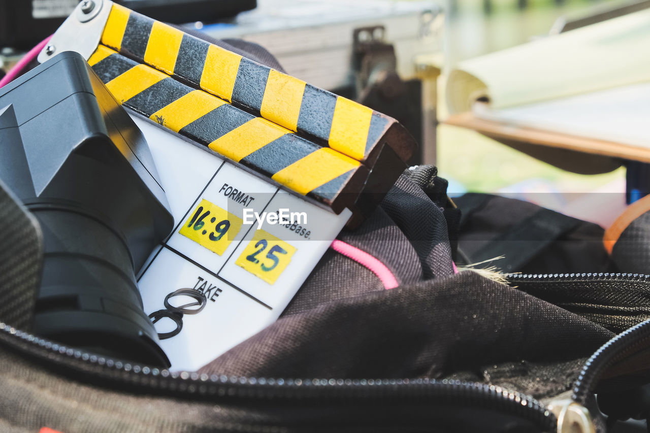 Close-up of film slate in bag