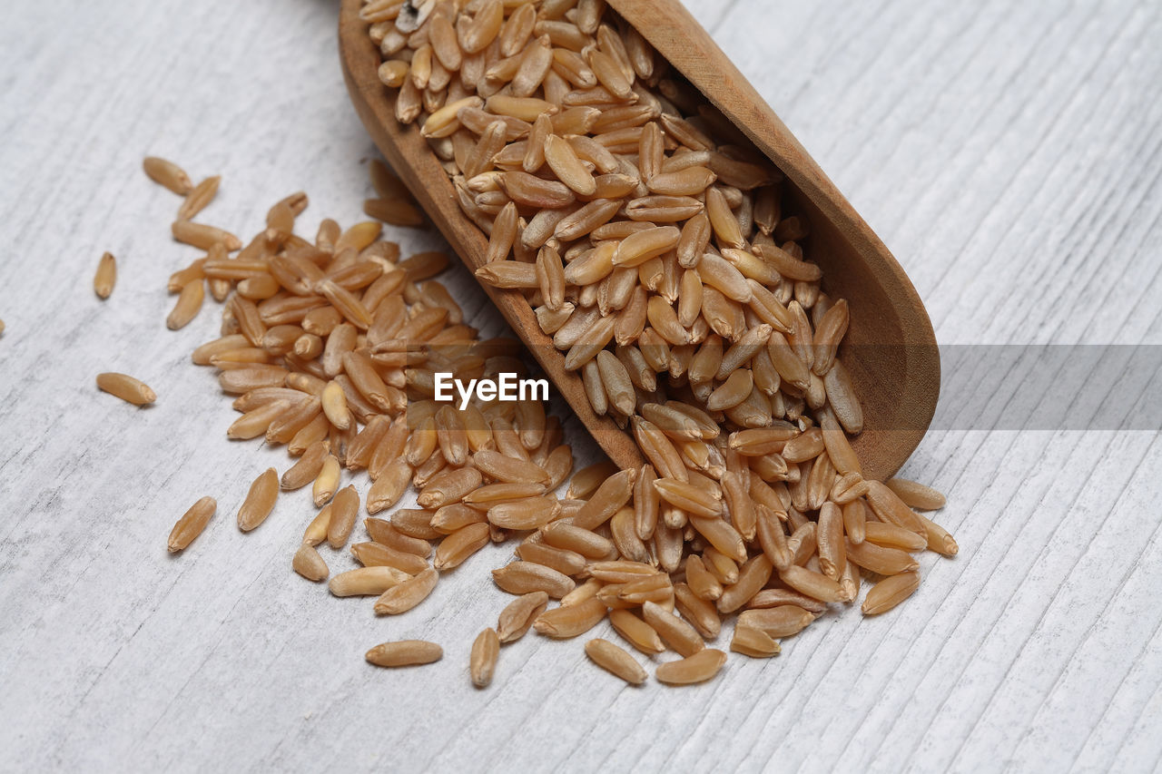 Close-up of wheat grains in scoop on table