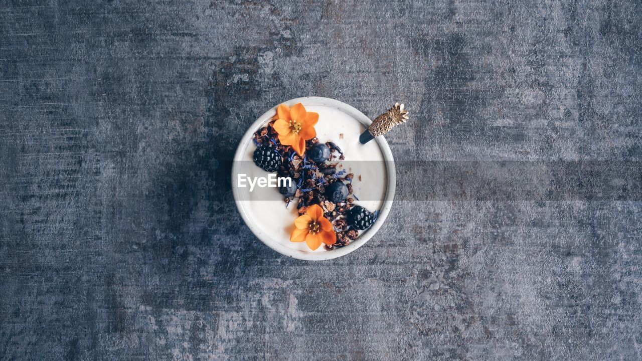 Directly above shot of breakfast served in bowl on table