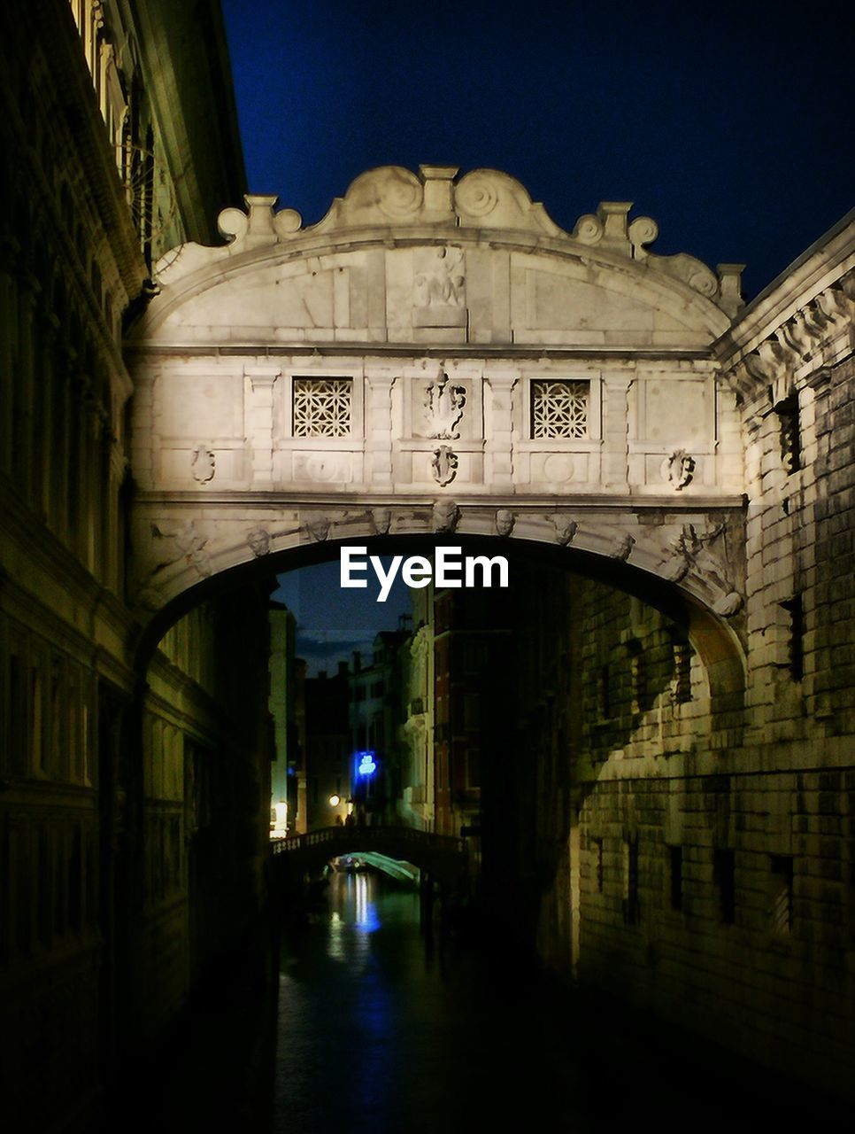 Bridge of sighs over canal at night