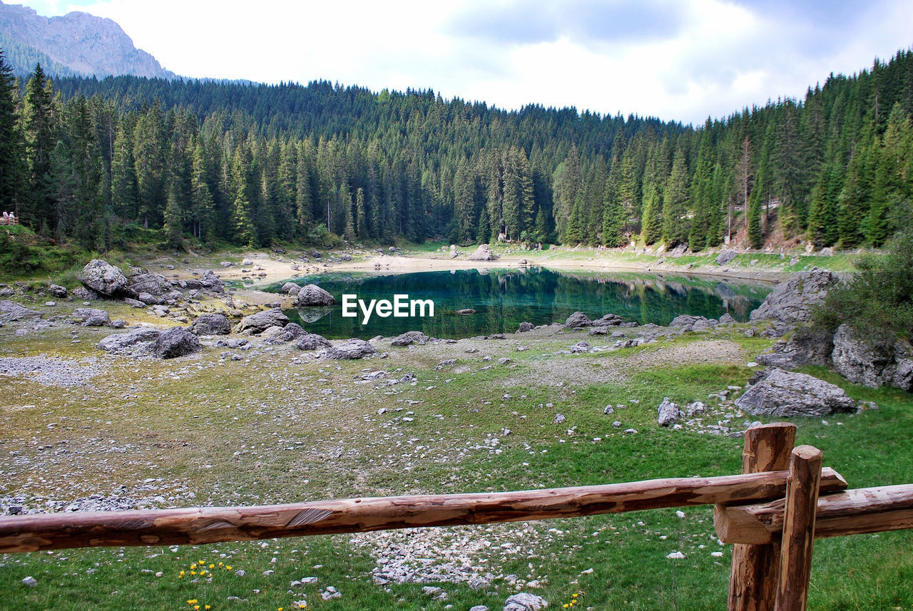 Carezza lake, in german karersee, in nova levante, south tyrol, trentino alto adige, italy.