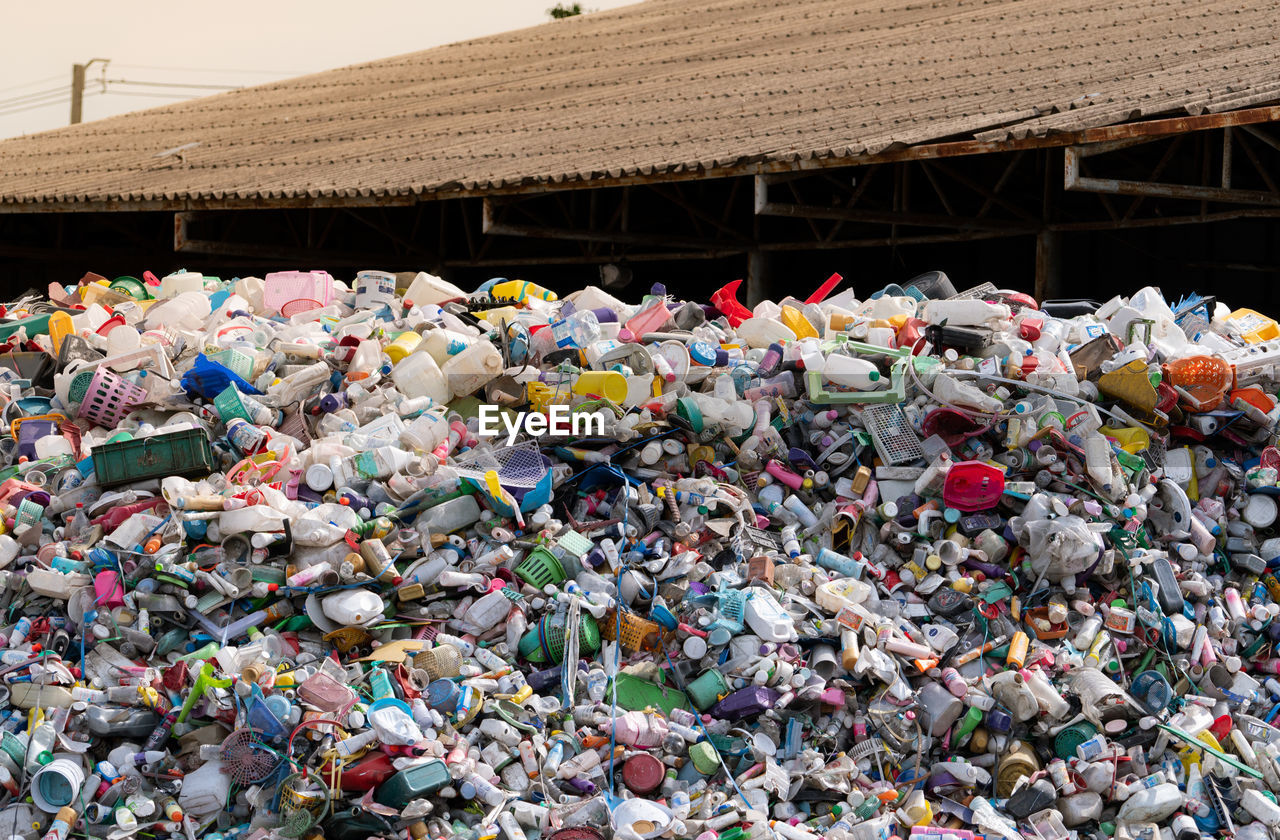 Pile of plastic bottle. plastic bottle waste for recycle in recycling business. household waste.