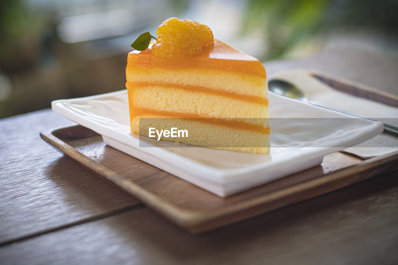 Close-up of dessert served on table