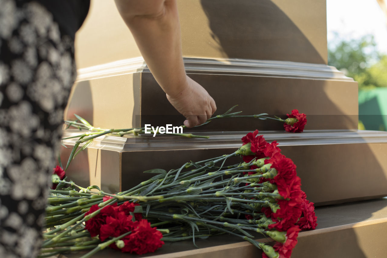 A hand puts carnations on the memorial. flowers on the monument. memorable date. 