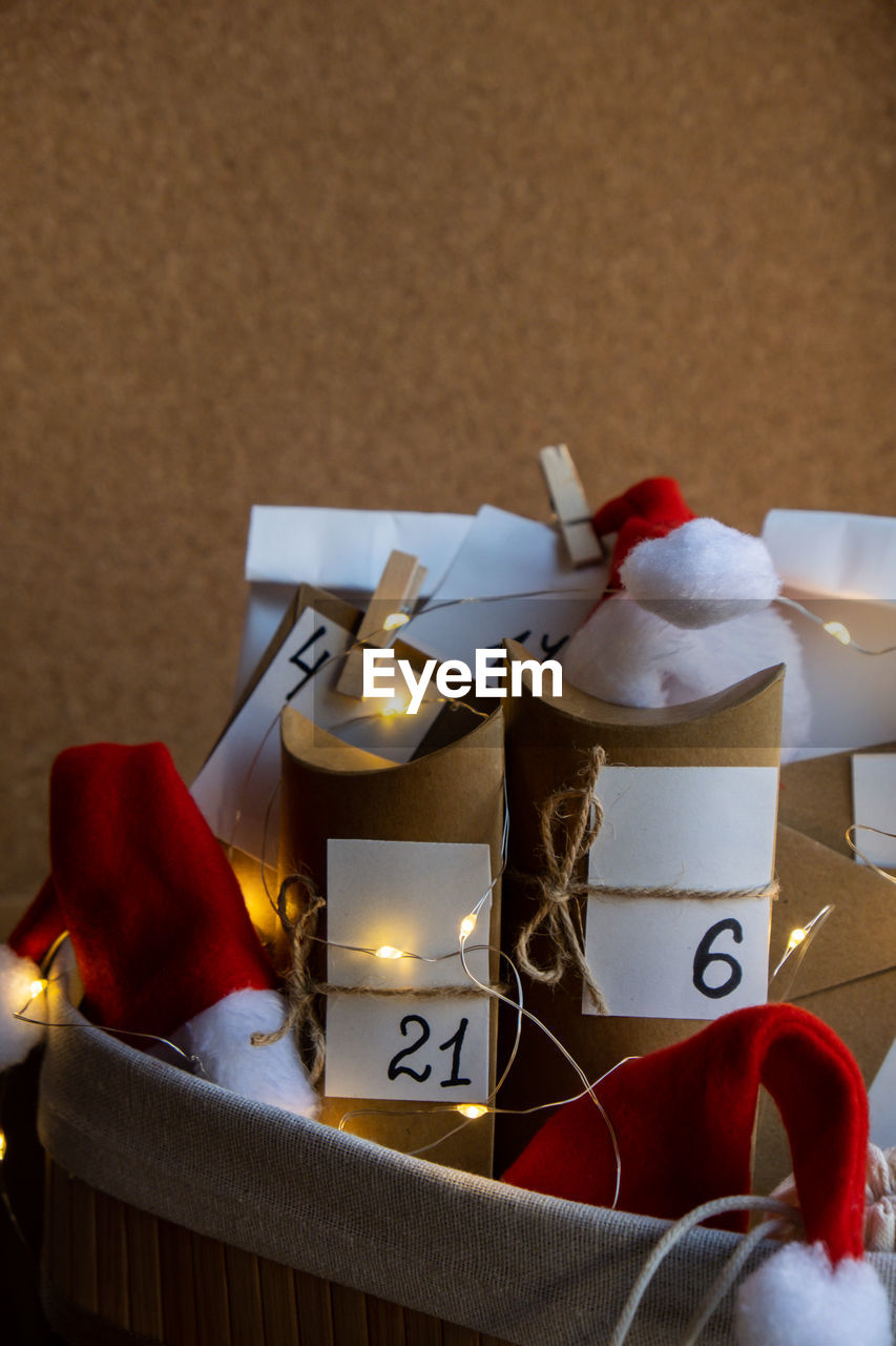 high angle view of christmas presents on table