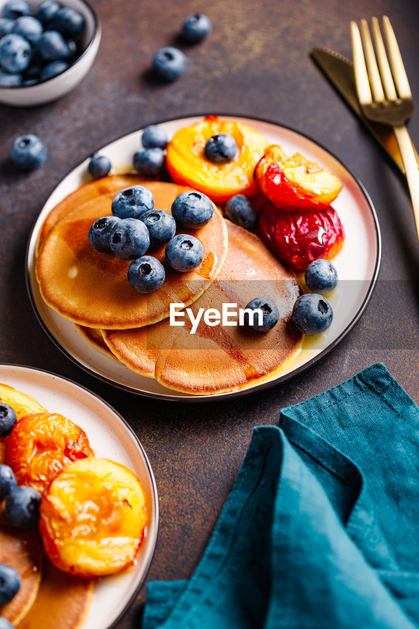 High angle view of breakfast served on table