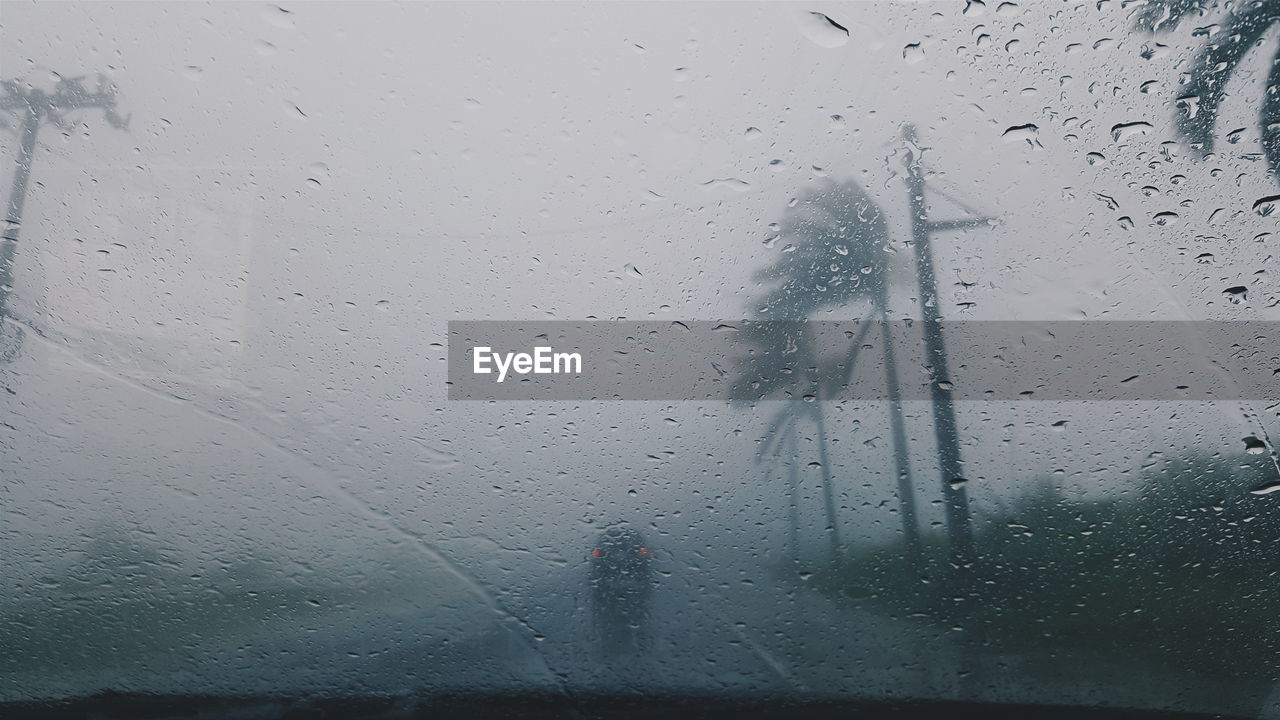 Silhouette trees against sky seen through car windshield during rain