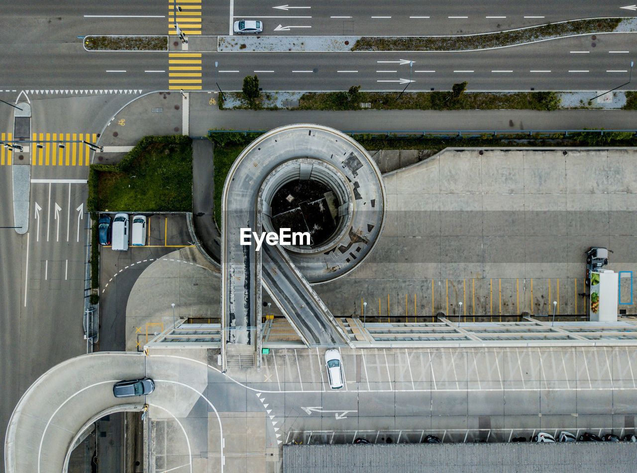 Aerial view of road and parking lot