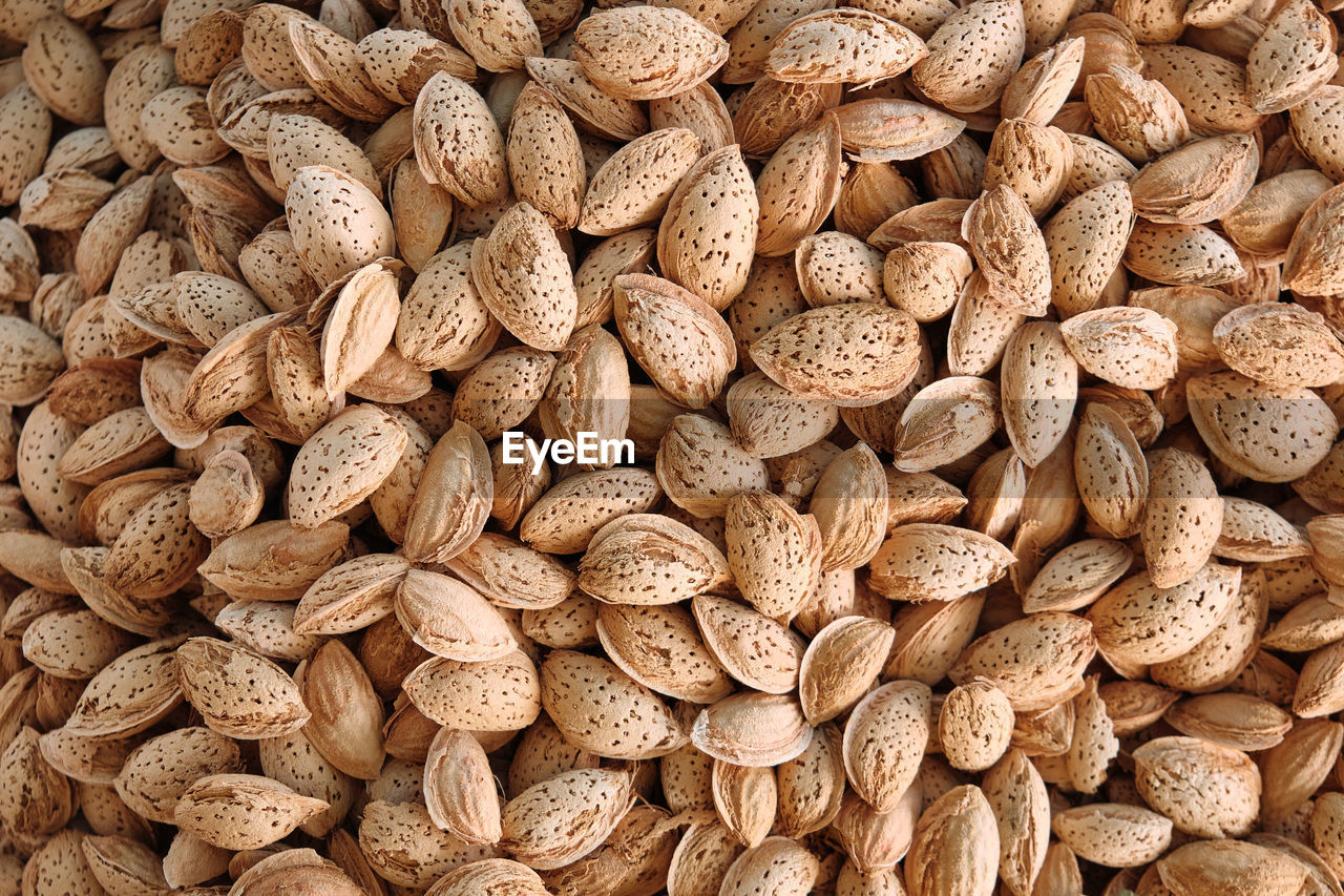 Almond kernels in nutshell background. heap of almonds