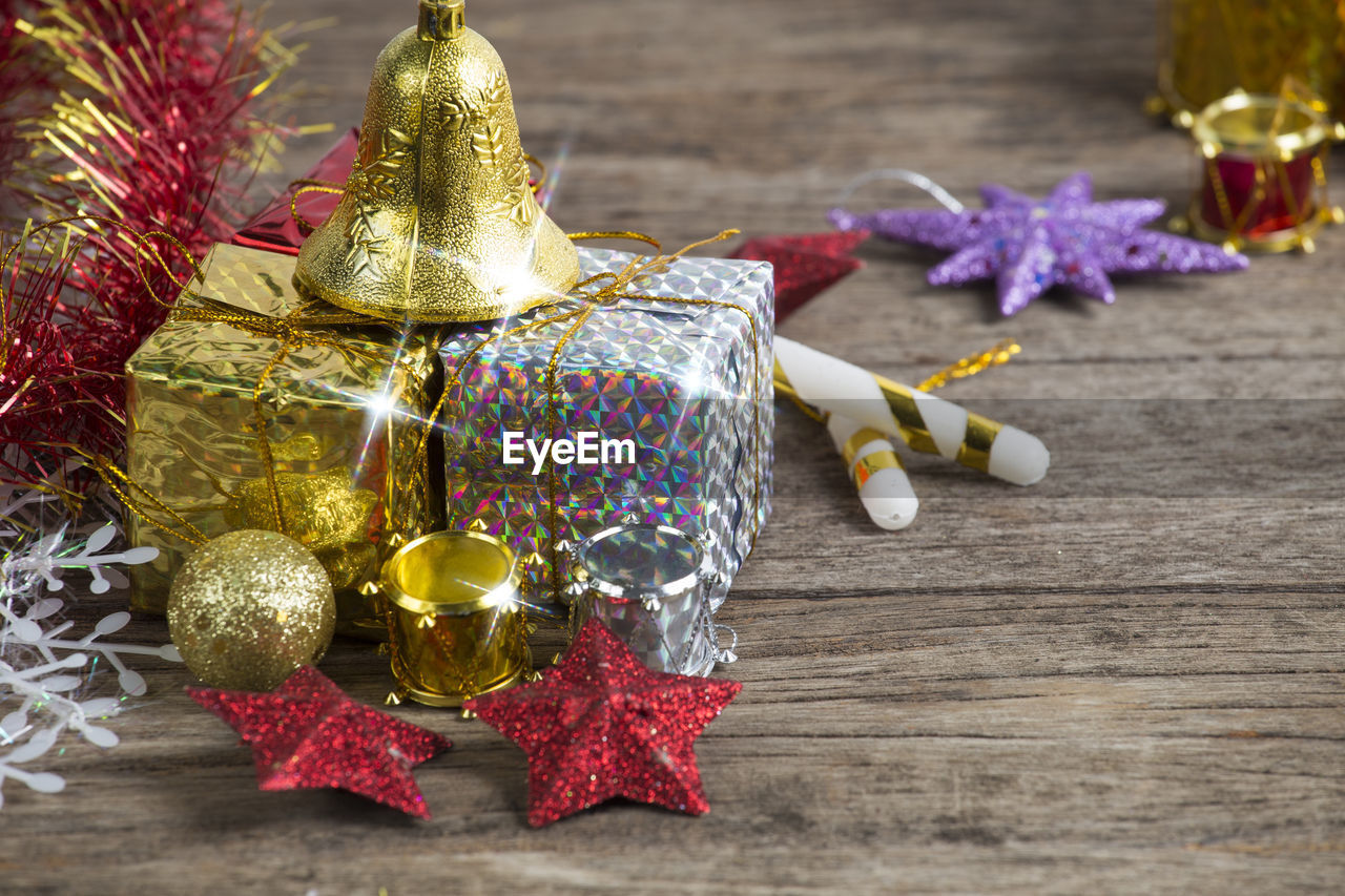 Close-up of christmas decorations on table