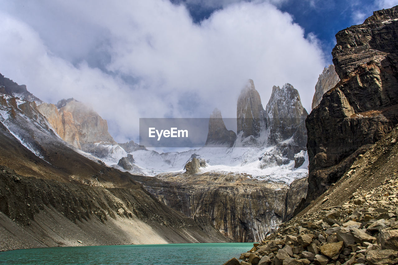 Lake and rugged mountain landscape, torres del paine national park
