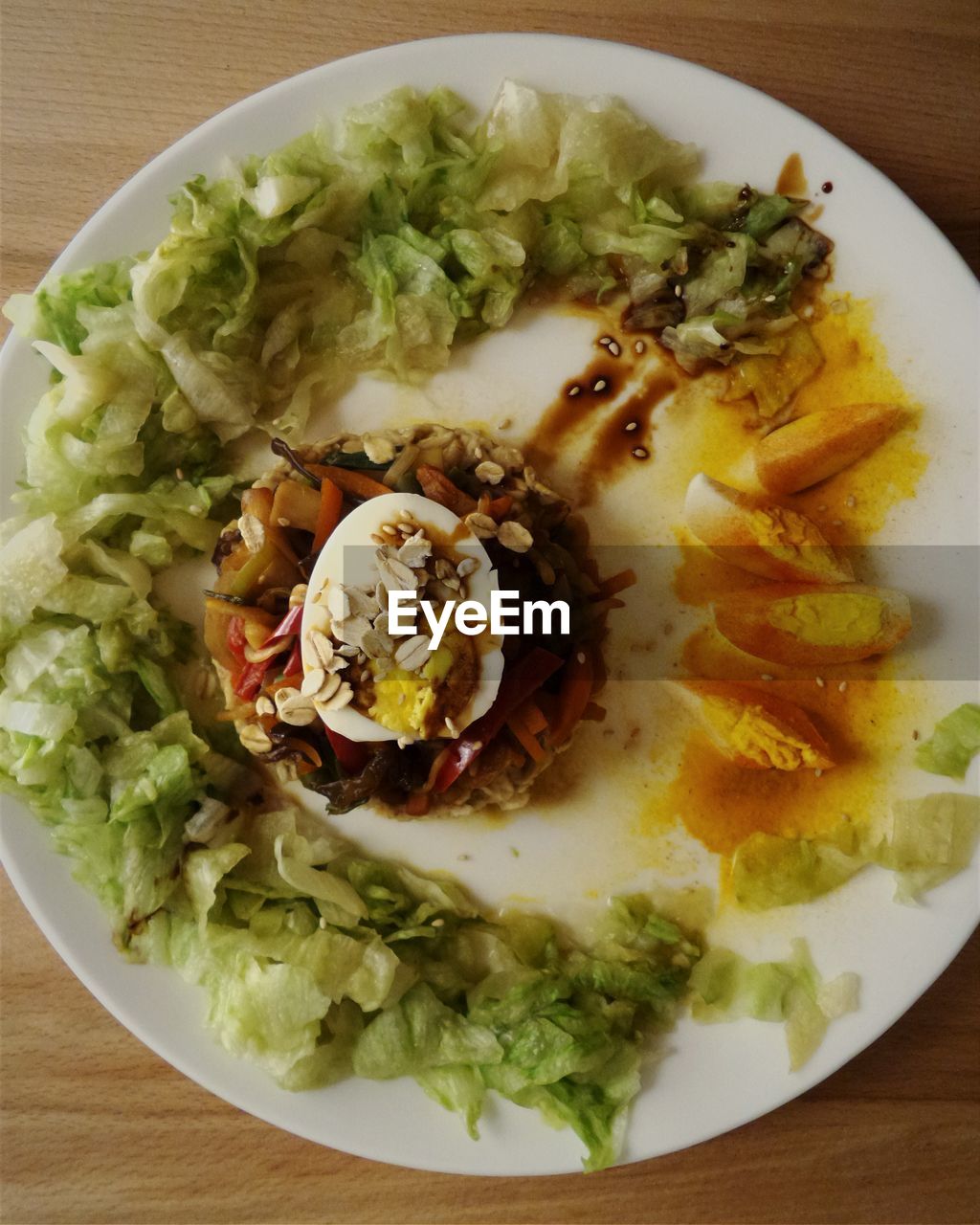 High angle view of egg salad in plate on table