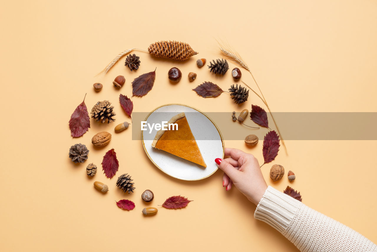 Autumn layout with a slice of pumpkin pie and dried leaves, on beige background. fall flat lay. 