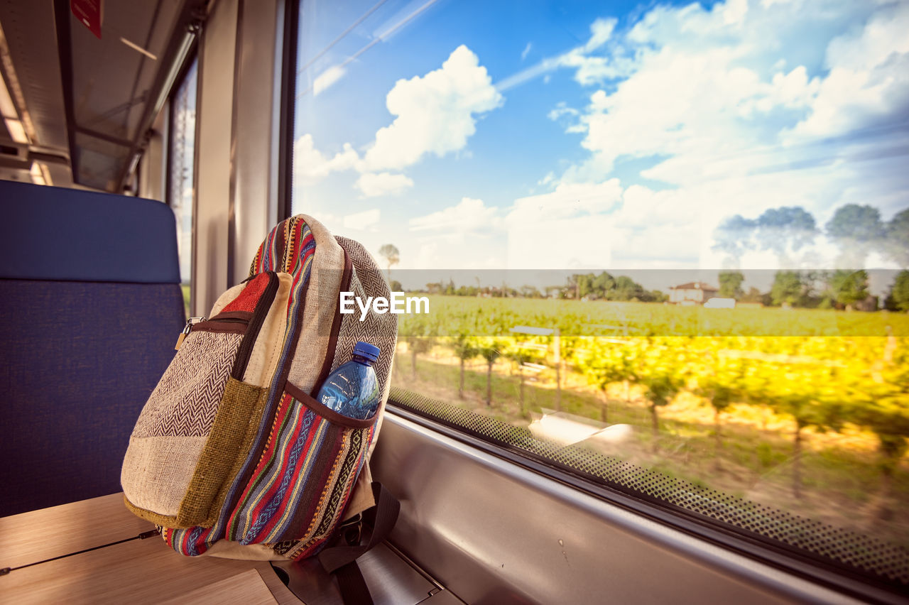 Close-up of bag with plants against sky seen through train window