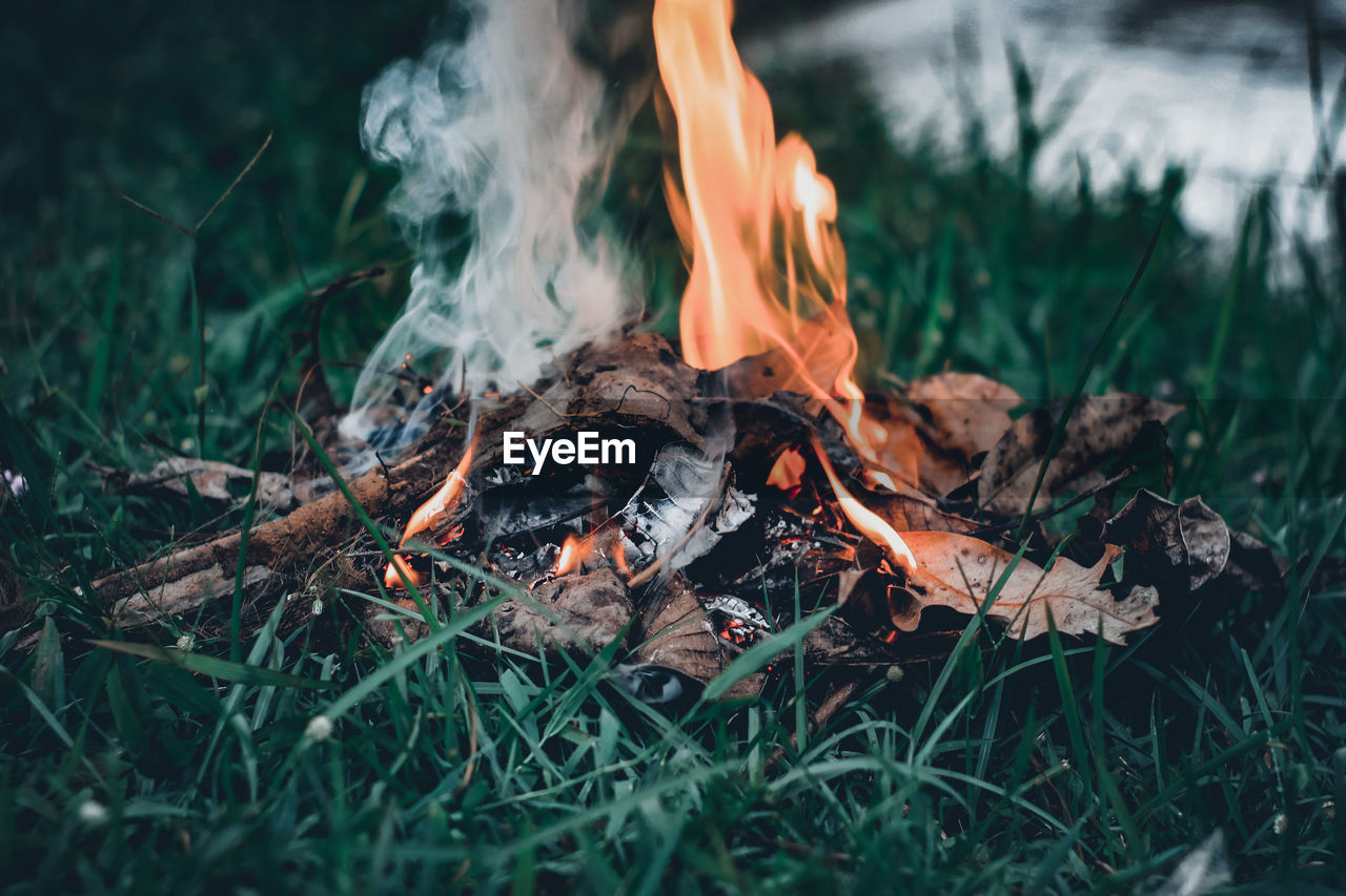 Close-up of bonfire on field