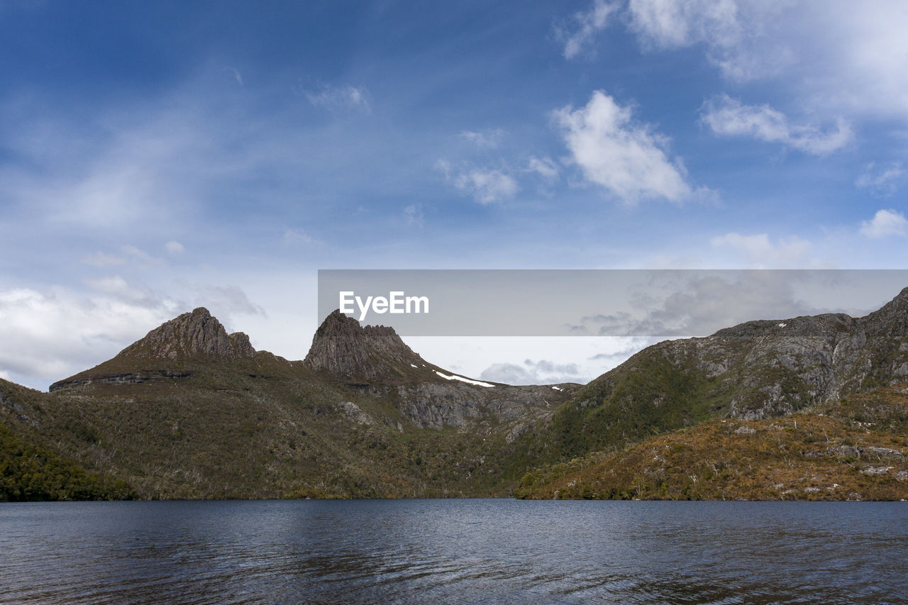 Scenic view of mountains and lake against sky