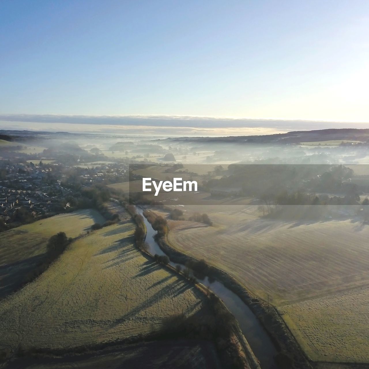 High angle view of land against clear sky