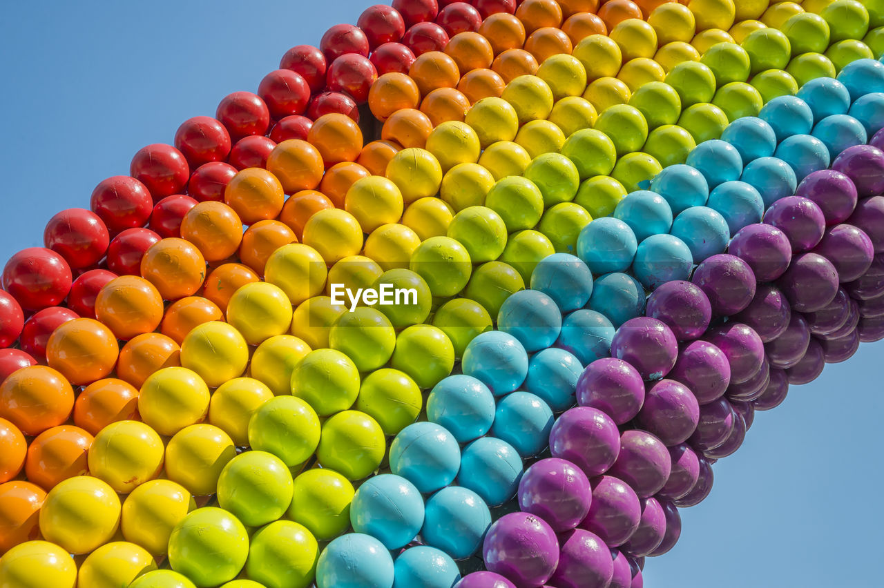 Close-up of multi colored balloons against sky 