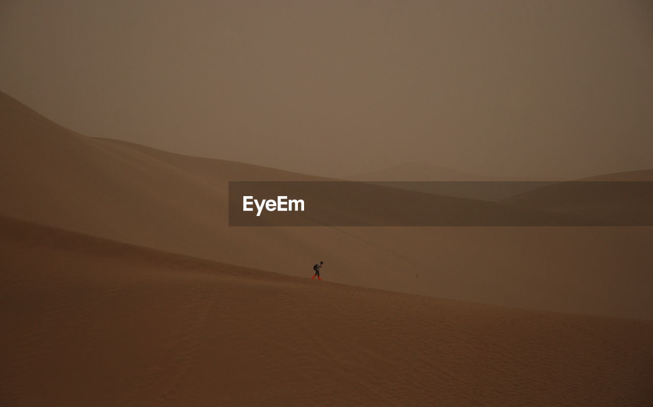 Person at sandy gobi desert against sky