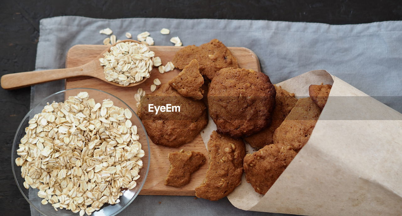 Oatmeal cookies with whole grain rye flour in a paper bag.vegetarian diet healthy food.