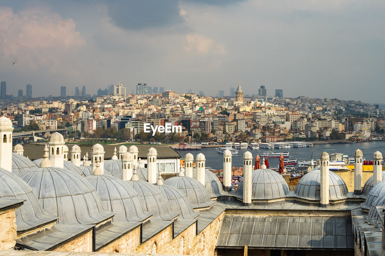 View of istanbul galata district skyline and bosphorus strait from the domes of suleymaniye mosque