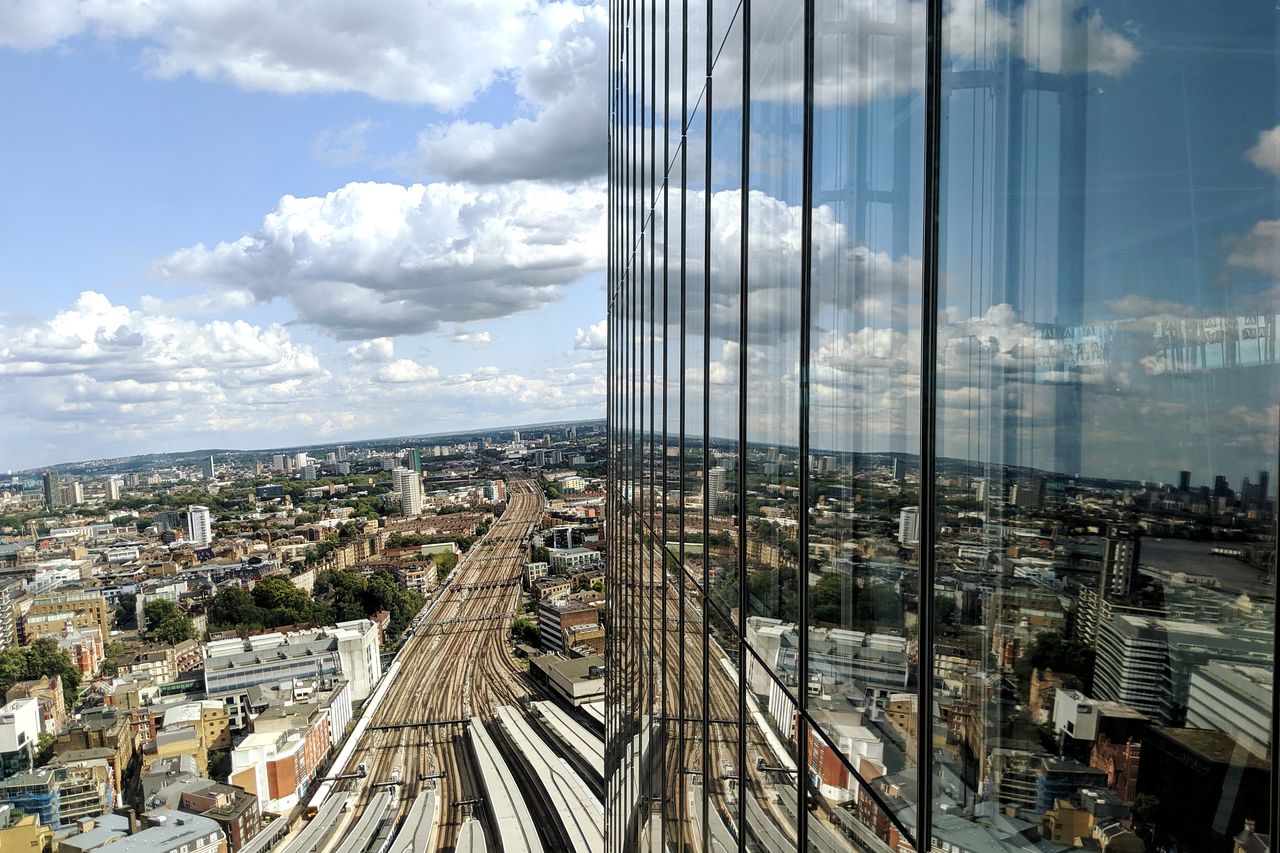 High angle view of buildings in city