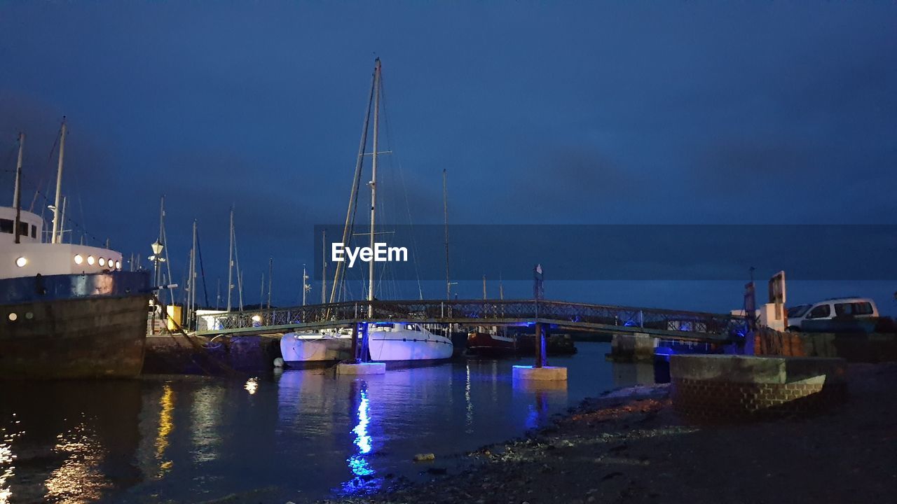 BOATS MOORED IN HARBOR AGAINST SKY