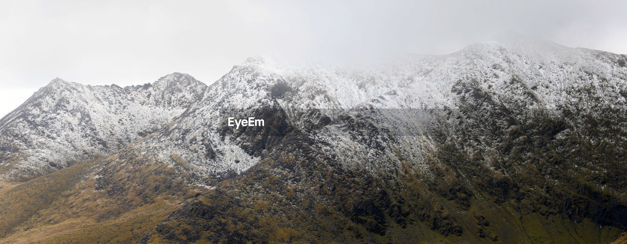 Panoramic view of snow covered mountain against sky